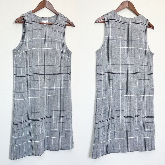 J JILL Ponte Gray Plaid Soft Knit Shift Dress S Side Pockets Preppy Sleeveless - Picture 4 of 13